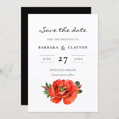 Red poppy watercolor Save the date Invitation