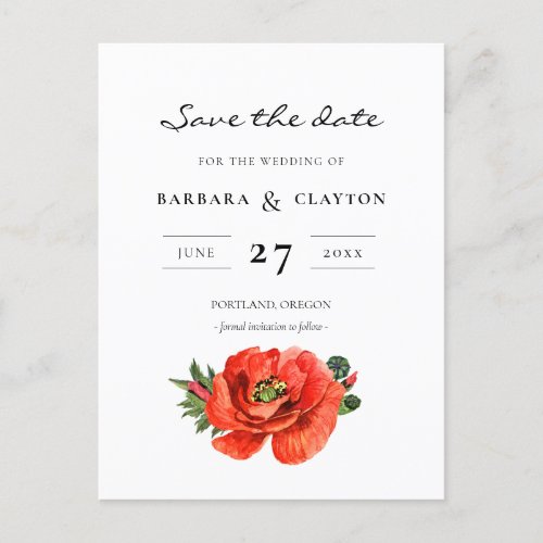 Red poppy watercolor Save the date Postcard