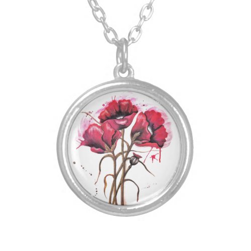 Red Poppy Watercolor Silver Plated Necklace