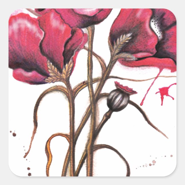 Red Poppy Watercolor Square Sticker (Front)