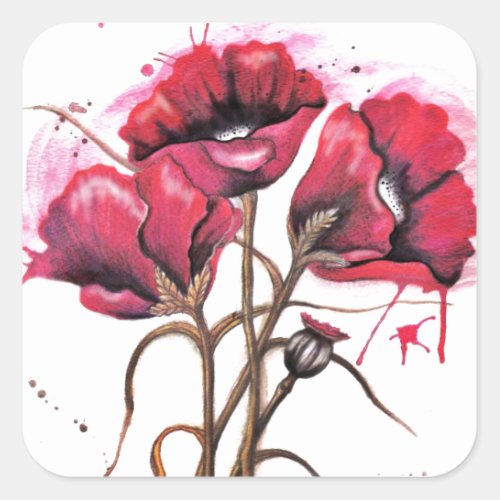 Red Poppy Watercolor Square Sticker