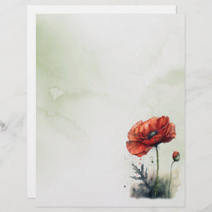 Red Poppy Watercolor Style Stationery Paper       
