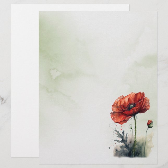 Red Poppy Watercolor Style Stationery Paper        (Front/Back)
