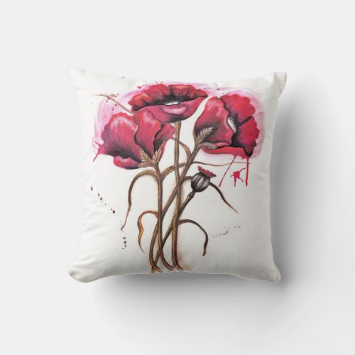 Red Poppy Watercolor Throw Pillow