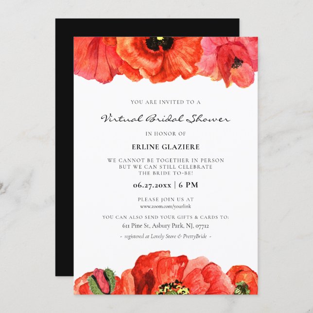 Red poppy watercolor Virtual Bridal shower Invitation (Front/Back)