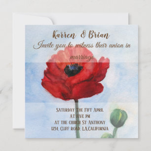 Red Poppy Watercolor Wedding Invitation