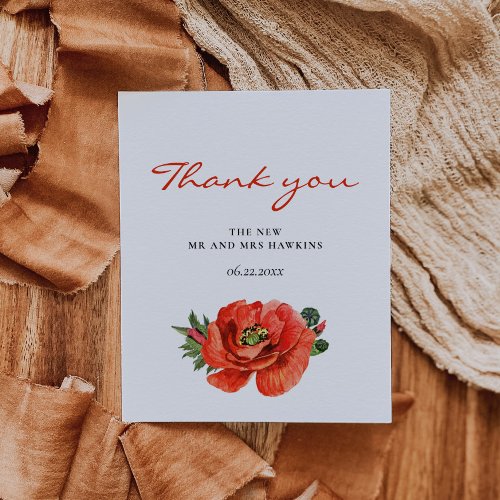 Red poppy watercolor wedding thank you card