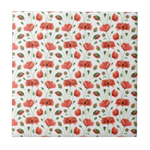 Red Poppy Watercolor Wildflower Ceramic Tile
