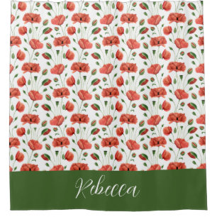 Red Poppy Watercolor Wildflower Monogram Shower Curtain
