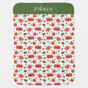 Red Poppy Watercolor Wildflower Name Baby Blanket