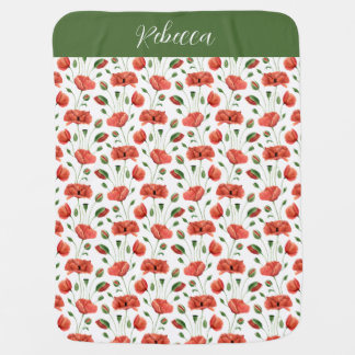 Red Poppy Watercolor Wildflower Name Baby Blanket