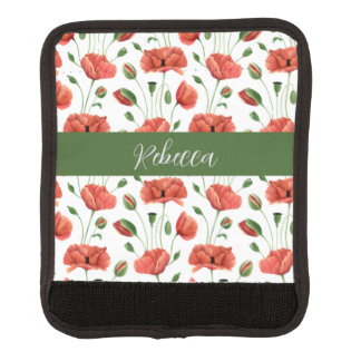Red Poppy Watercolor Wildflower Name Luggage Handle Wrap