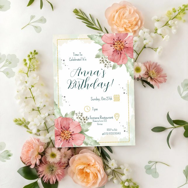 Red Poppy Watercolour Florals Birthday Invitation (Creator Uploaded)