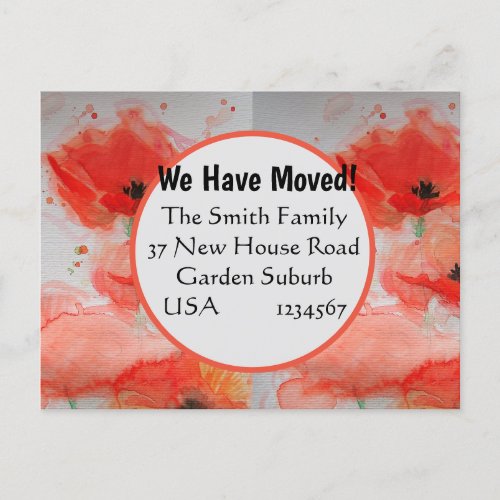 Red Poppy Watercolour New Address Postcard Moving