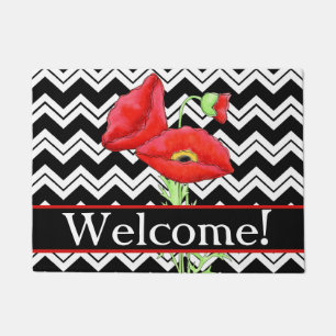 Red Poppy Welcome Black White Chevron ZigZag Doormat