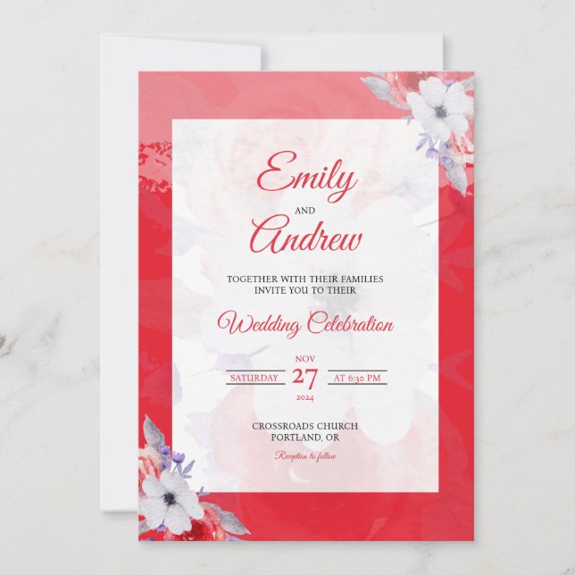 Red Poppy White Elegant Floral Watercolor Wedding Invitation (Front)