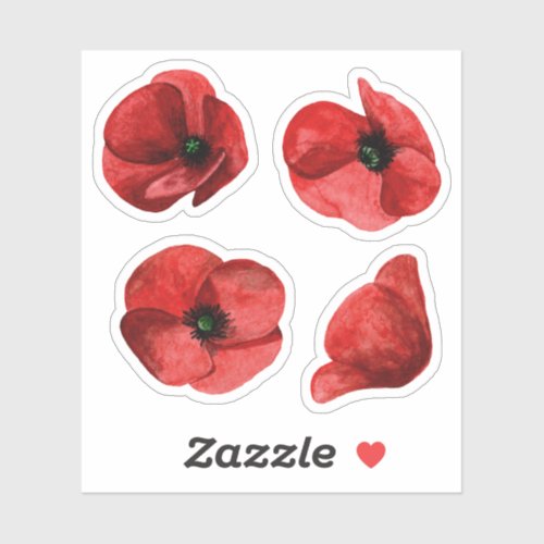 Red Poppy Wildflower Set of 4 Wedding Kiss Cut Sticker