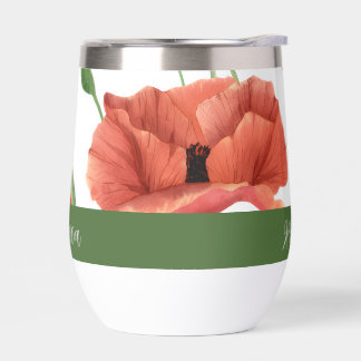 Red Poppy Wildflower Watercolor Monogram Name Thermal Wine Tumbler
