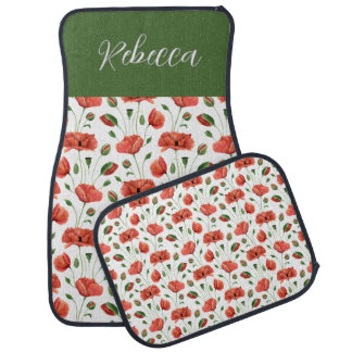 Red Poppy Wildflower Watercolor Name Monogram Car Floor Mat