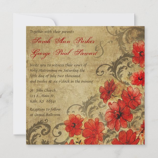 Red Poppy with Flourishes Vintage Wedding Invitation (Front)