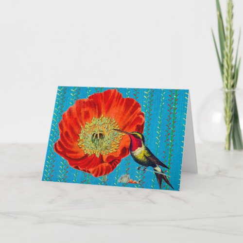 RED POPPY WITH HUMMINGBIRD BLANK NOTECARD