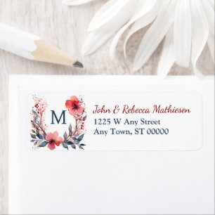Red Poppy Wreath Teal Monogram Return Address Label