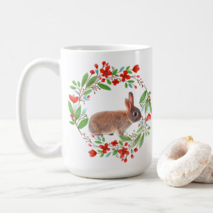 Red Poppy Wreath with Rabbit / Spring Style Coffee Mug