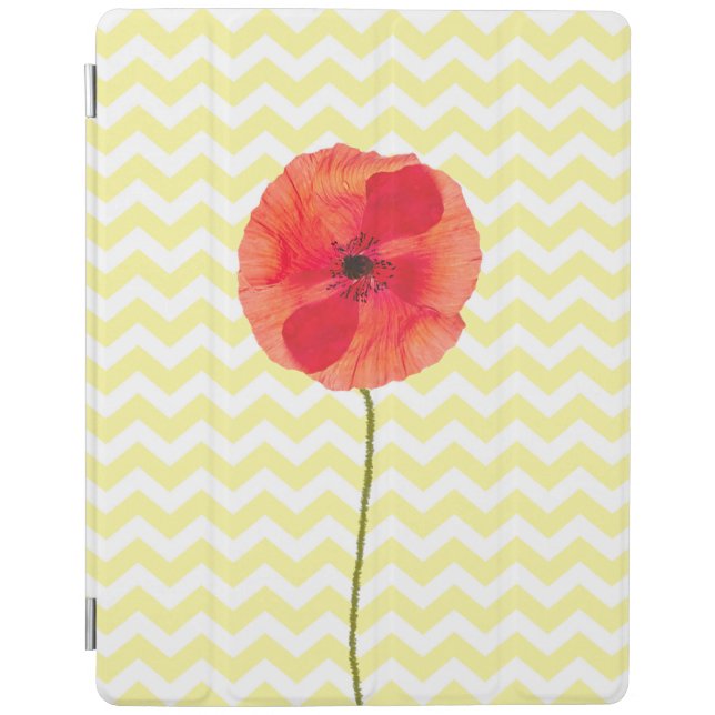 Red poppy yellow and white chevron pattern iPad smart cover (Front)