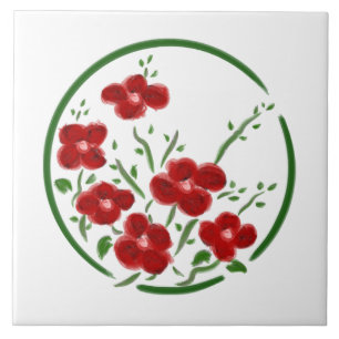 Red Posey Circle Decorative Tile