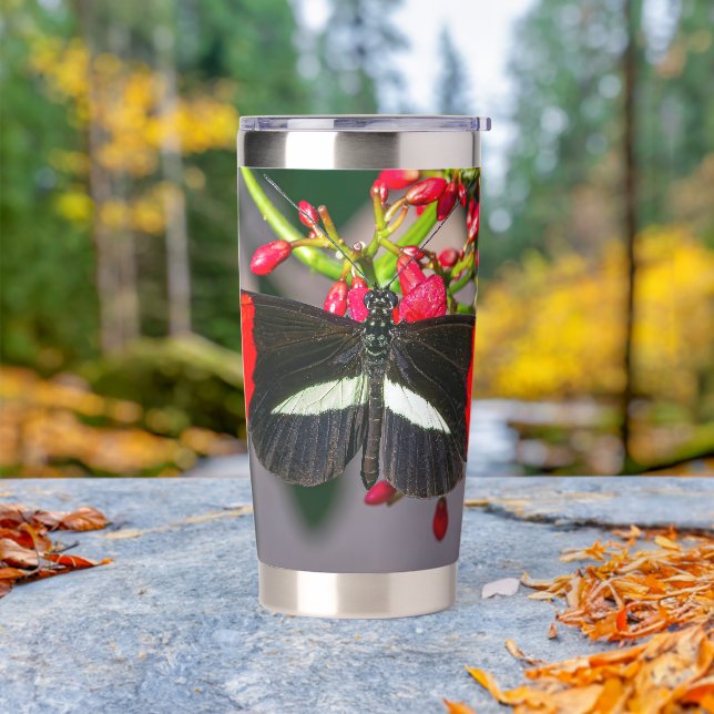 Red Postman Butterfly on Red Flowers Insulated Tumbler (Outdoor)