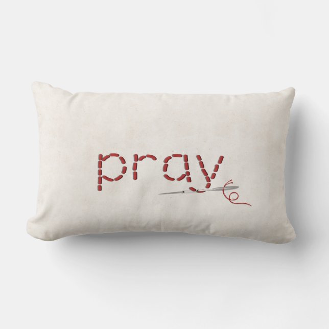 red PRAY text stitch with needle Lumbar Pillow (Front)