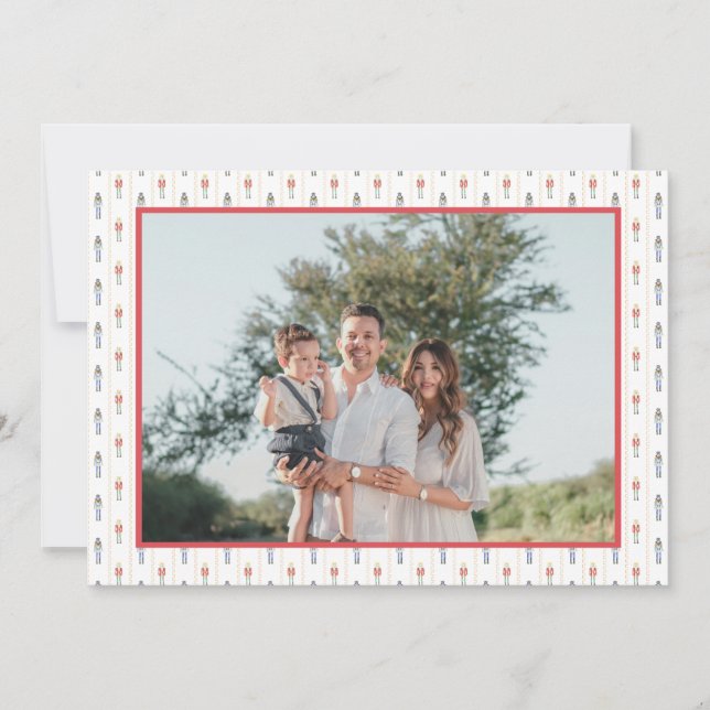 Red Preppy Christmas Garland Nutcracker 2 Photos Holiday Card (Front)