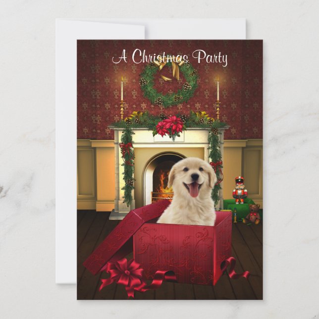 Red Present Puppy Christmas Party Invitations (Front)