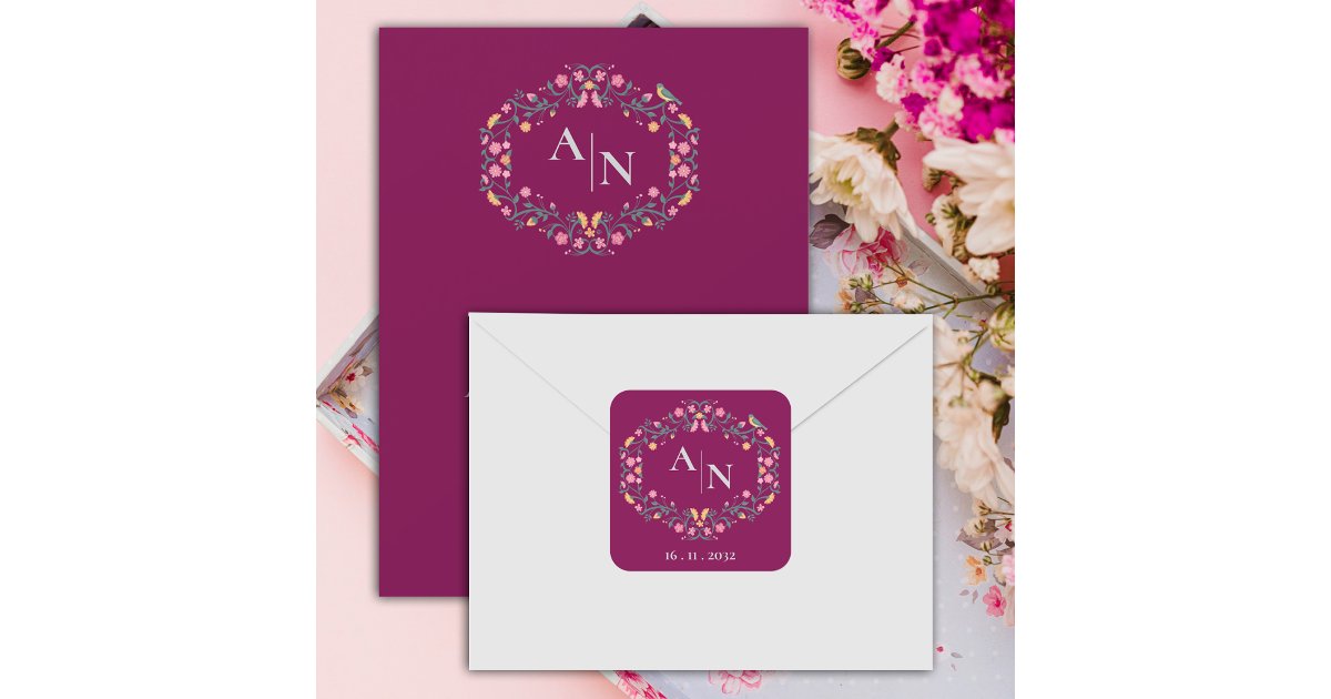Red Pretty Monogram Cute Colorful Floral Wedding Square Sticker | Zazzle