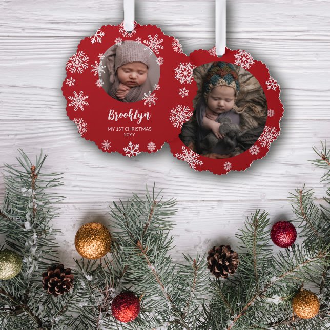 Red Pretty Snowflakes Baby's 1st Christmas Ornament Card (Creator Uploaded)
