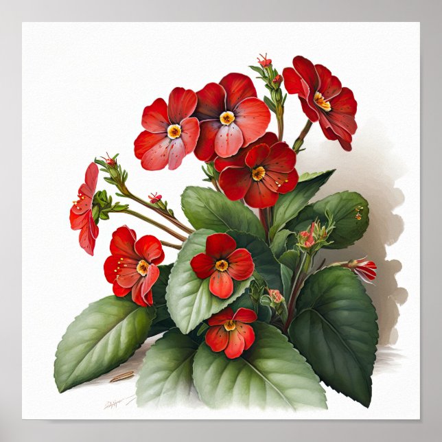 Red Primrose Flowers Art Print Poster (Front)