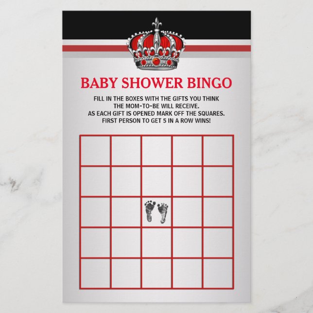 Red Prince Baby Bingo Baby Shower Bingo Card (Front)