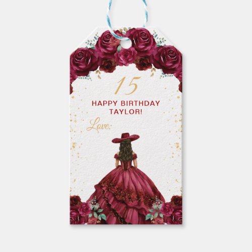 Red Princess Charro Quinceaera Happy Birthday Gift Tags
