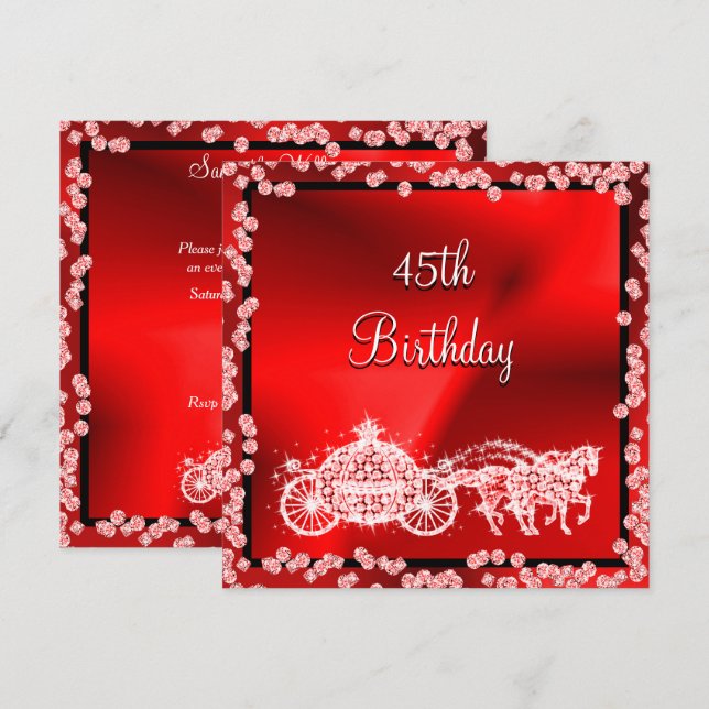 Red Princess Coach & Horses 45th Birthday Invitation (Front/Back)