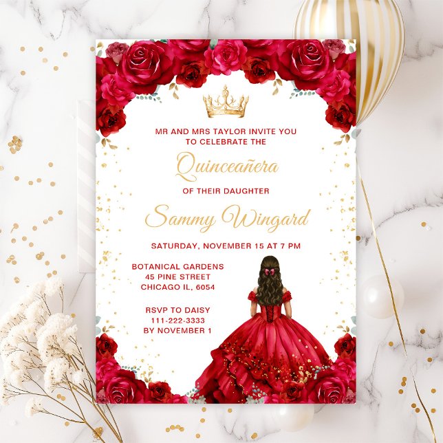 Red Princess Floral Quinceañera Invitation (Creator Uploaded)