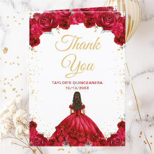 Red Princess Floral Quinceañera Letterpress Thank You Card