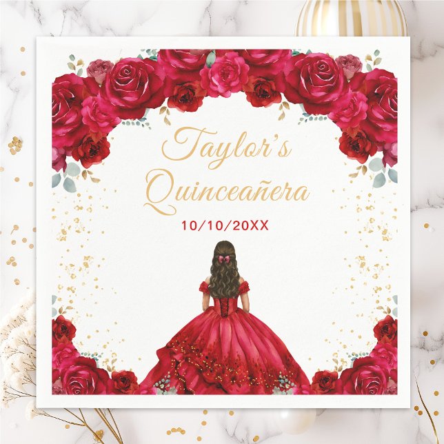 Red Princess Floral Quinceañera Napkins (Creator Uploaded)
