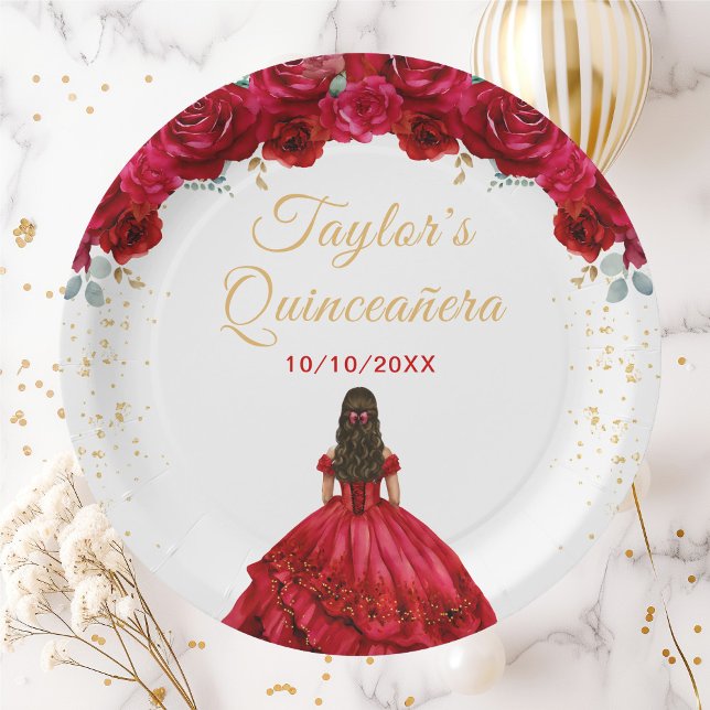 Red Princess Floral Quinceañera Paper Plates (Creator Uploaded)