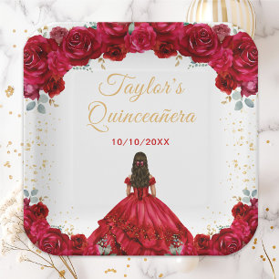 Red Princess Floral Quinceañera Paper Plates
