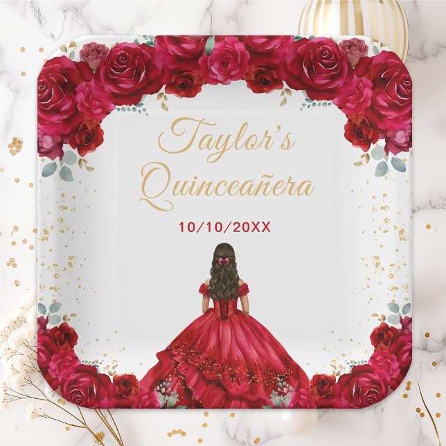 Red Princess Floral Quinceañera Paper Plates (Creator Uploaded)