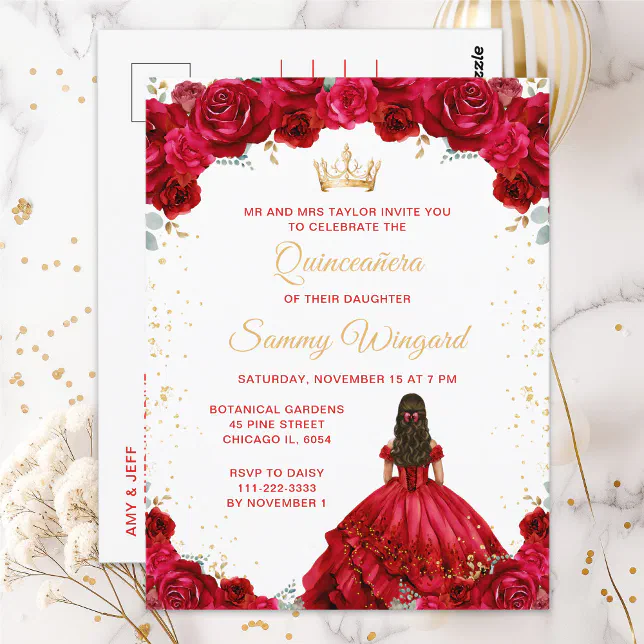 Red Floral Princess Custom Name Quinceanera Backdrop