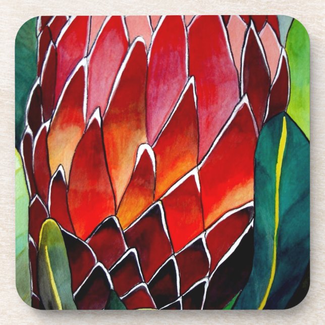 Red Protea flower original watercolour art Beverage Coaster (Front)