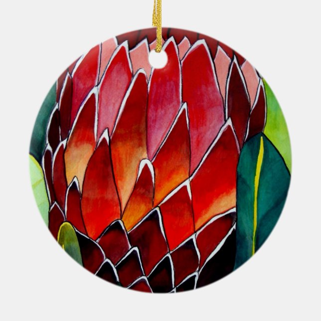 Red Protea flower original watercolour art Ceramic Ornament (Back)