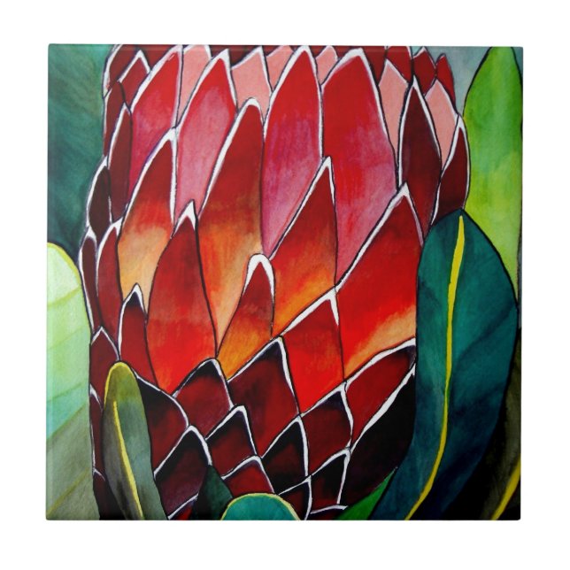 Red Protea flower original watercolour art Ceramic Tile (Front)