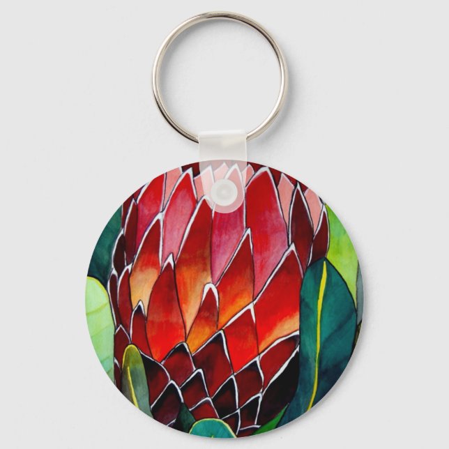 Red Protea flower original watercolour art Keychain (Front)